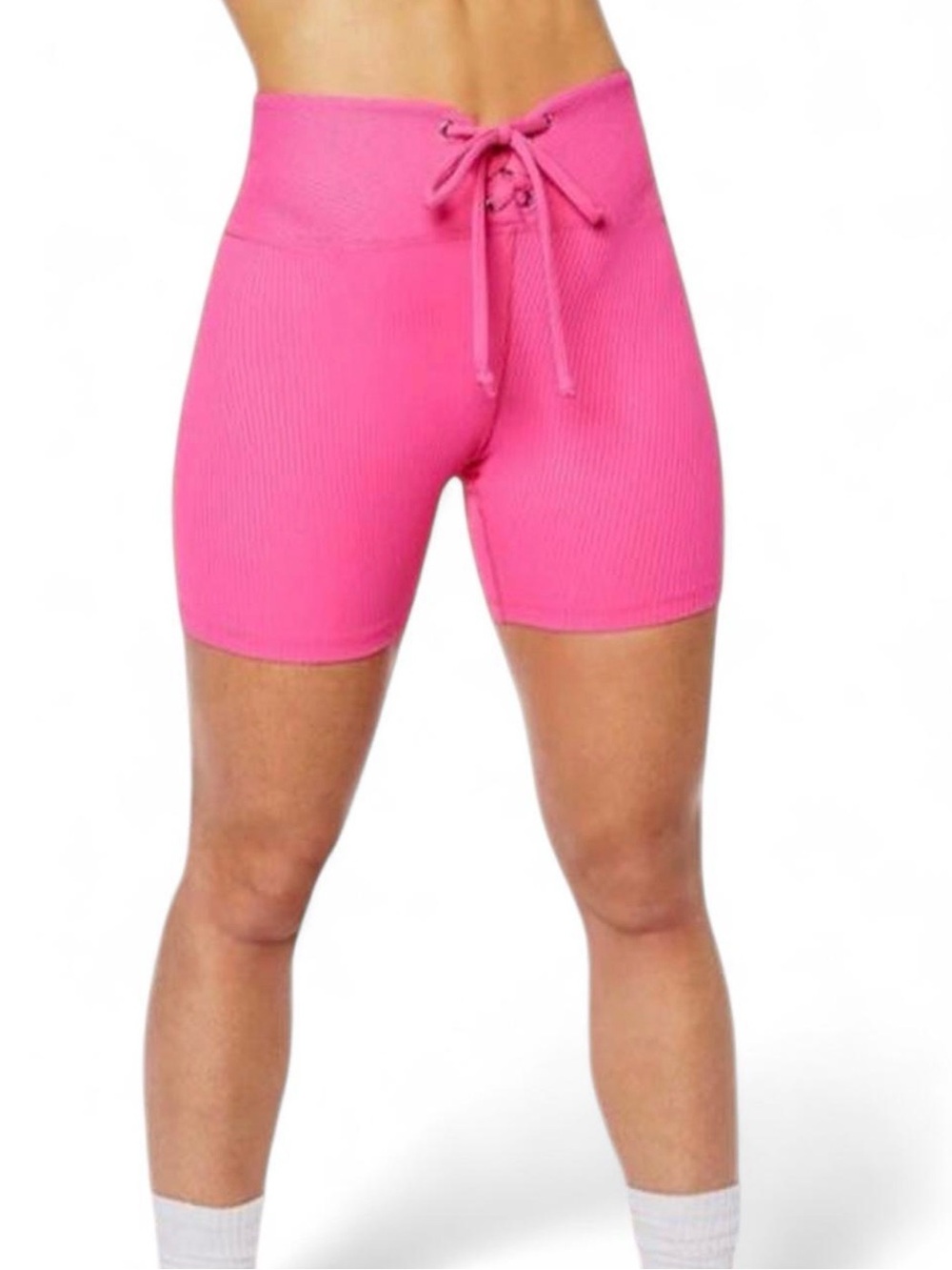 Year of Ours High-Waist Ribbed Lace-Up Bike Shorts - Hot Pink